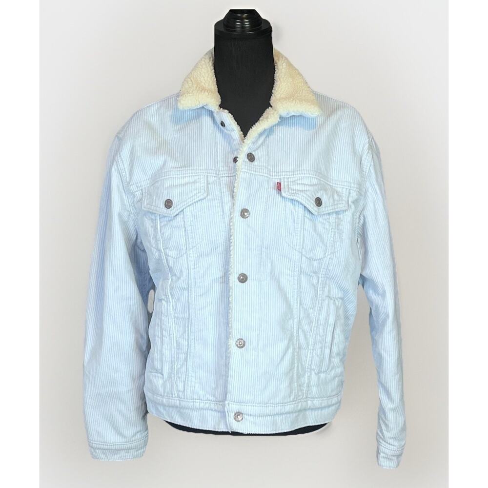 Levis Sherpa Trucker Jacket Mens M Light Blue Wide Wale Corduroy Faux Fur Lined